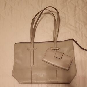 Fossil Gray Leather Tote with Wallet